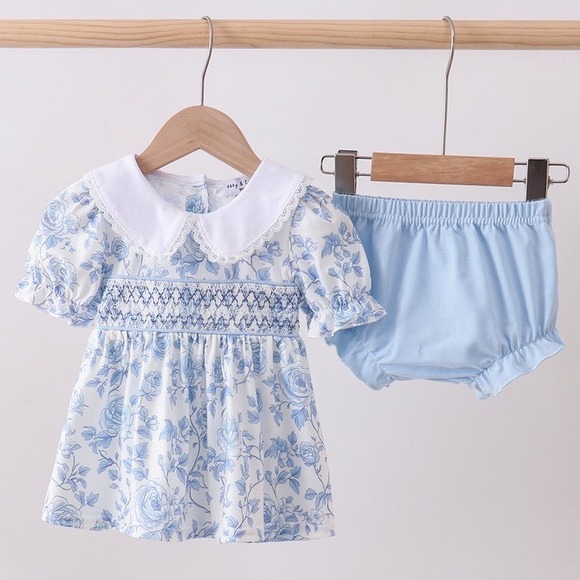 Abby & Evie Other - Abby & Evie Baby Girl Smocked Floral Dress and Bloomers Set Blue White 18M NWT
